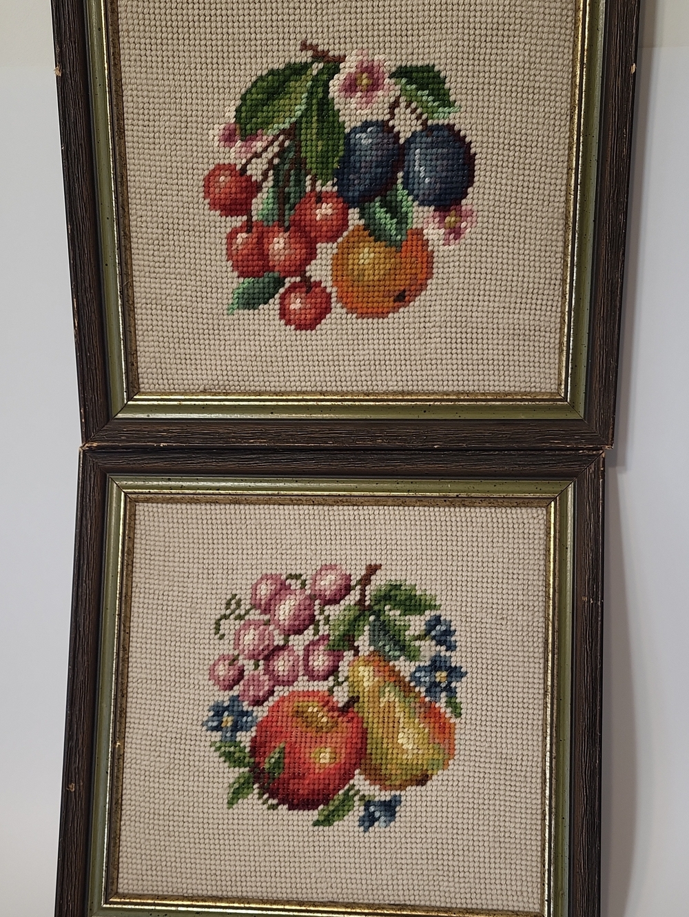 Vintage Set of 2 Framed Fruit Needlepoint Art – Mid-Century Kitchen Decor